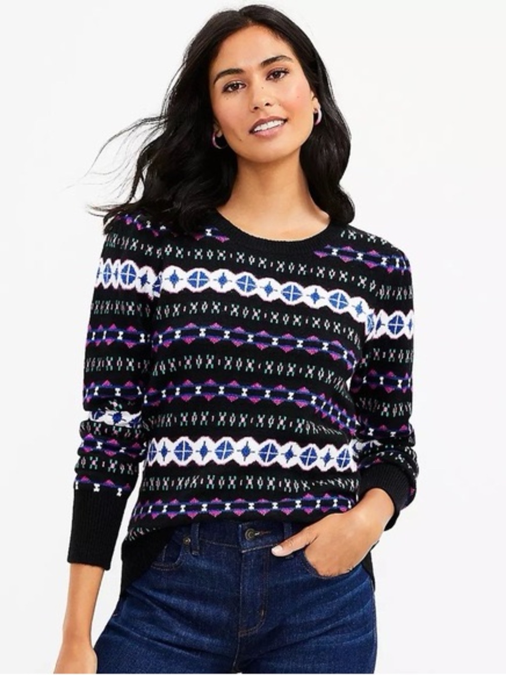 LOFT Black Crewneck Fair isle Sweater with Purple & White Geometric Stripes XS